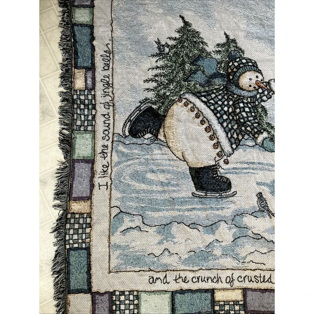 Heidi Saterberg USA Snowman & Bear Skating Woven Tapestry Throw‎ Blanket 48